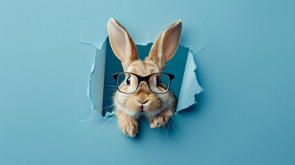 A cute bunny with glasses peeking through the hole in blue paper, copy space concept on solid background