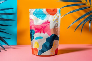 An eye-catching product package design with vivid abstract shapes and colors positioned on a colorful background