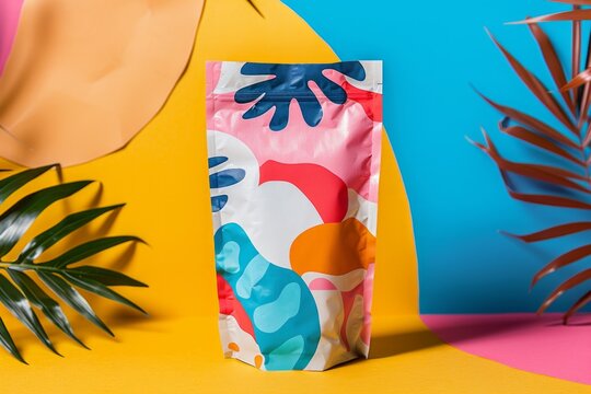 This image showcases a uniquely designed pouch with a vivid abstract pattern, set against a striking blue and orange backdrop