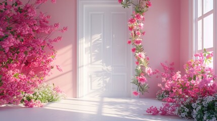 The interior of an elegant room with a white door framed by lush pink flowers and plants in sunlight