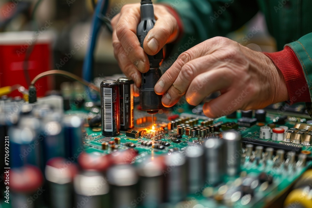 Poster close-up of a technician soldering a component on a circuit board