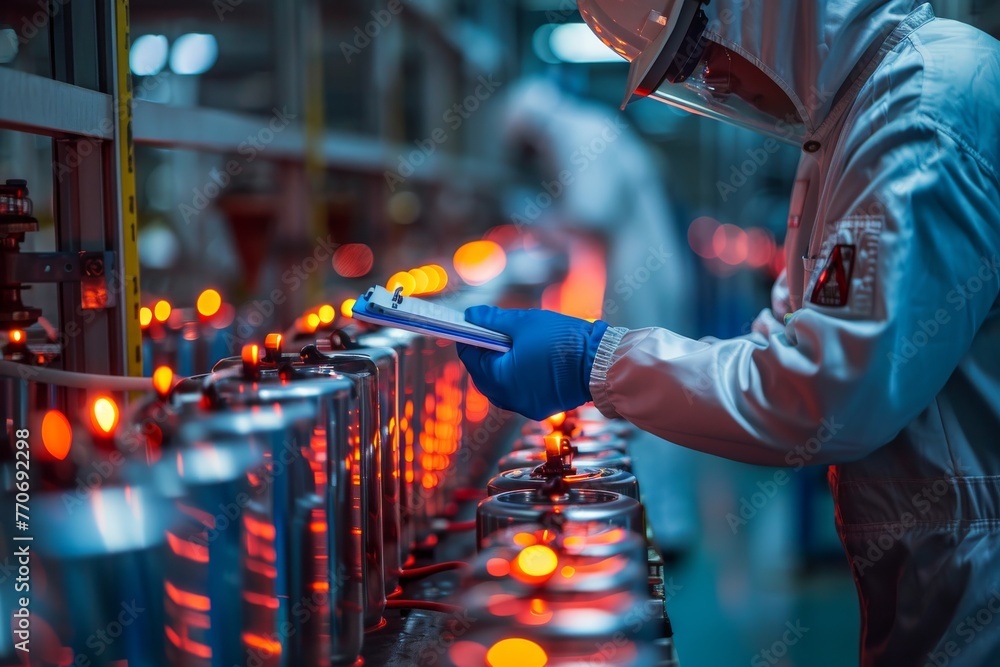 Poster technician with clipboard inspecting lithium batteries in a factory setting
