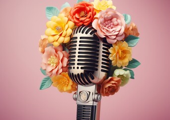 A classic microphone surrounded by rich warm-toned flowers, conveying a feeling of golden-era music