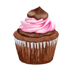 Chocolate brown cupcake with pink cream hand drawn in watercolor for postcards, invitations, flyers, menus, labels isolated on white background