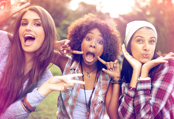 Woman, friends and portrait with funny face in nature for bonding connection, holiday or happiness....