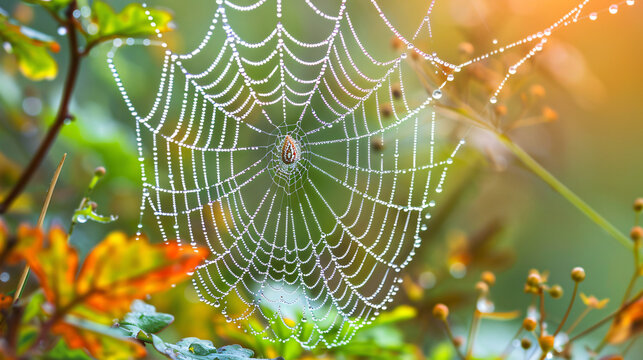 The intricate patterns of a spiders web glistening with morning dew set against a backdrop of foliage.