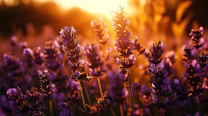 Golden Sunset Glow Over Lavender Field with Buzzing Bees, Nature’s Serenity - obrazy, fototapety, plakaty
