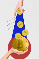 Vertical creative picture collage human hand body fragment hold huge btc coin golden token crypto...