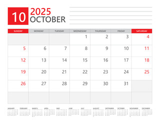 October 2025 year, Calendar planner 2025 and Set of 12 Months,  week start on Sunday. Desk calendar 2025 design, simple and clean design, Wall calendar, Corporate design planner template vector