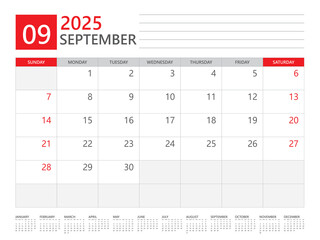 September 2025 year, Calendar planner 2025 and Set of 12 Months,  week start on Sunday. Desk calendar 2025 design, simple and clean design, Wall calendar, Corporate design planner template vector