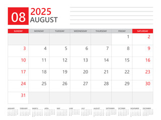August 2025 year, Calendar planner 2025 and Set of 12 Months,  week start on Sunday. Desk calendar 2025 design, simple and clean design, Wall calendar, Corporate design planner template vector