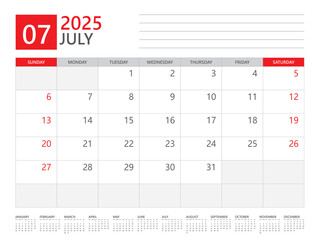 July 2025 year, Calendar planner 2025 and Set of 12 Months,  week start on Sunday. Desk calendar 2025 design, simple and clean design, Wall calendar, Corporate design planner template vector