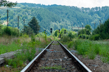 A view of an old railroad. Railway signals. A moutain and a forest in the background.