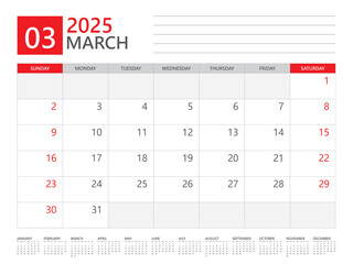 March 2025 year, Calendar planner 2025 and Set of 12 Months,  week start on Sunday. Desk calendar 2025 design, simple and clean design, Wall calendar, Corporate design planner template vector