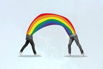 Creative collage picture two headless man body fragment rainbow symbol colorful pride freedom gender tolerance diverse community support - obrazy, fototapety, plakaty
