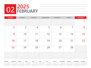 February 2025 year, Calendar planner 2025 and Set of 12 Months,  week start on Sunday. Desk calendar 2025 design, simple and clean design, Wall calendar, Corporate design planner template vector