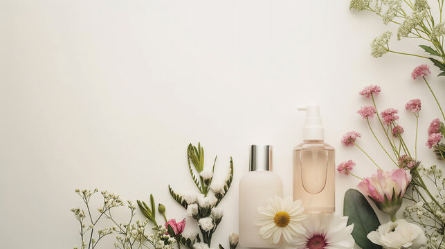 Cosmetics and flowers on pastel background
