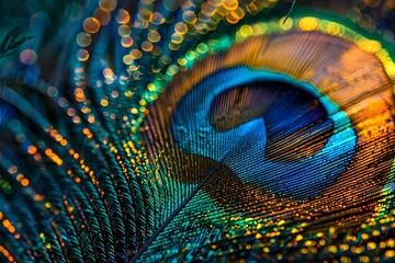 Close-up of an intricately patterned peacock feather.
