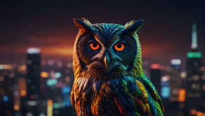 Cute eagle owl with big eyes looking aside with dignity all within the backdrop of a big cityscape - obrazy, fototapety, plakaty