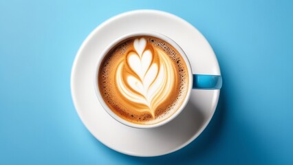 drawing on coffee foam. coffee in a blue mug on a blue background. view from above