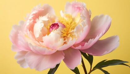 delicate pastel pink peony on a bright yellow background