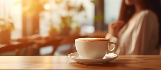 A coffee cup is placed on a wooden table in front of a woman, part of the tableware and drinkware sitting on the wood flooring