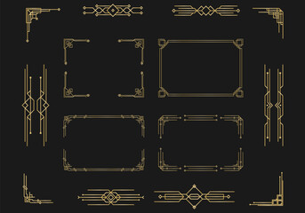Set of Art deco black calligraphy page dividers. Patterns, ornaments in art deco style. 1920s vintage gold dividers, retro header graphic elements, flourishes vignettes decoration for design. Vector.
