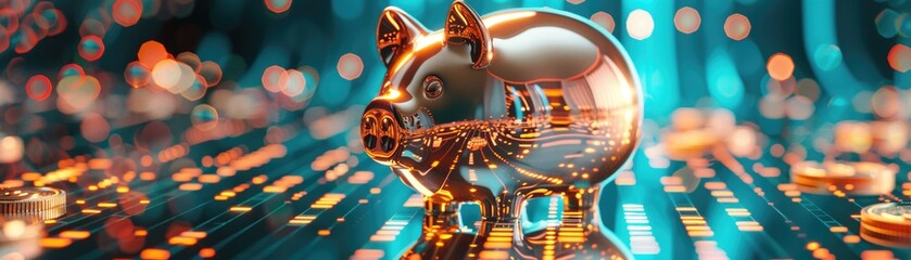 Virtual piggy bank filling with digital coins, closeup, tech concept of saving, abstract background - obrazy, fototapety, plakaty