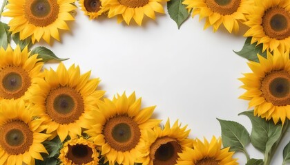 Frame of sunflowers on a white background. Background with copy space