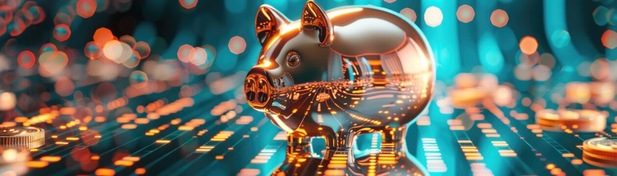 Virtual piggy bank filling with digital coins, closeup, tech concept of saving, abstract background
