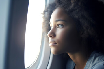 Young woman looking out the airplane window