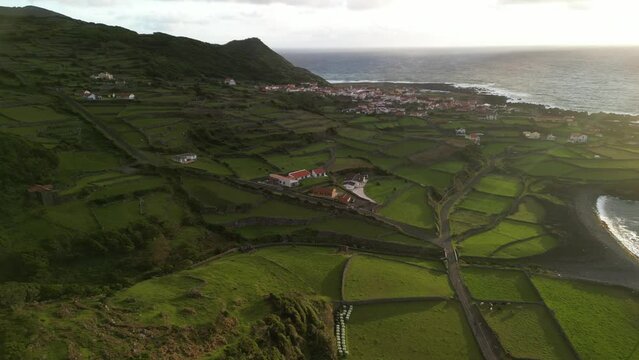 Aerial view of Cascata do Poco do Bacalhau, Faja Grande, Azores Islands, Portugal