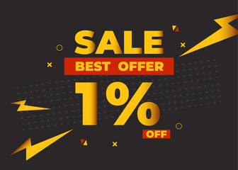 1% off sale best offer. Sale banner with one percent of discount, coupon or voucher vector illustration. Yellow and red template for campaign or promotion.