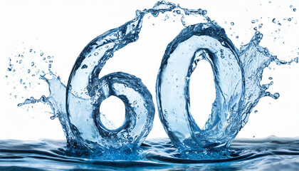 Number 60 made of water with splashes on white background. Blue liquid figure. 3D rendering.