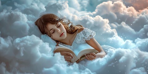 Heavenly Escape: Portrait of Girl Lost in a Book amid Fluffy Clouds generative ai