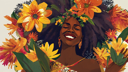 Young African empowered woman gathering flowers illustration 16:9 with copy space