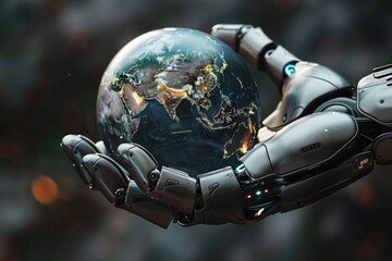 Fototapeta na wymiar Robots hand holding Earth hologram, closeup, Earth Day in tech world, virtual galaxy style