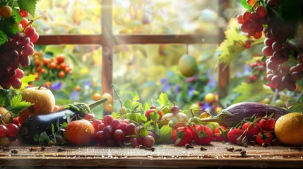 Foto op Aluminium A panoramic food background overflowing with a vibrant rainbow of fresh, organic fruits and vegetables.  © Mahammad