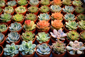 Fototapeta premium succulents in a greenhouse in clay pots are arranged in rows on a wooden surface.