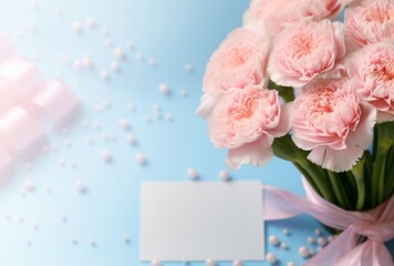 Mother's Day Elegance: Pale Pink Carnations and Blank Card on Blue Web Banner