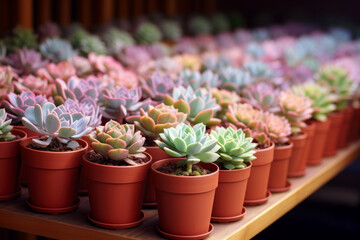 succulents in a greenhouse in clay pots are arranged in rows on a wooden surface.