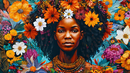Young African empowered woman gathering flowers illustration 16:9 with copy space - obrazy, fototapety, plakaty