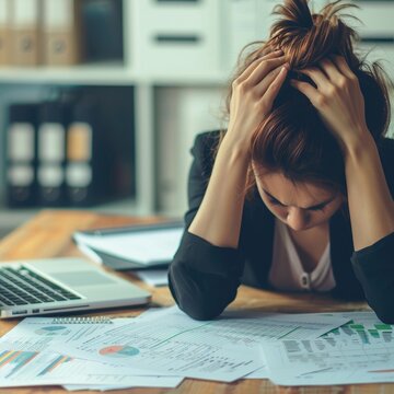Person holding their head in despair over a spreadsheet, debt stress, blurred office background