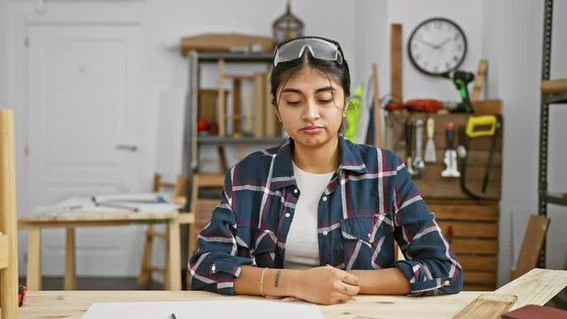 A focused woman at an indoor carpentry workshop with safety glasses on her head, planning her next steps.