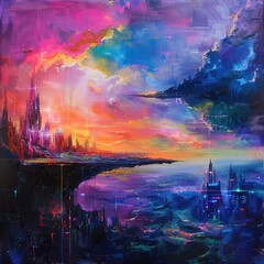 Oil painting style, colorful futuristic skyscape, vibrant horizon