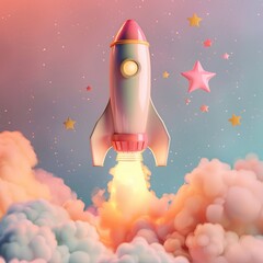 Fototapeta premium Launching rocket in 3D, icon over pastel starscape, adventure awaits, soft evening light