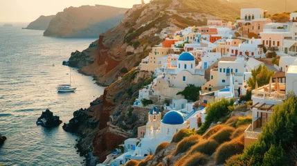 Rolgordijnen Travel photo of a picturesque coastal village seen from a hilltop, with white-washed houses and blue domes, embodying the Mediterranean summer, in the late afternoon light © mashimara