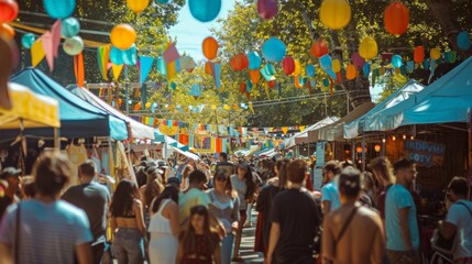 Dynamic photo of a summer street festival, capturing performers, food stalls, and the crowd enjoying the vibrant atmosphere, colorful and lively