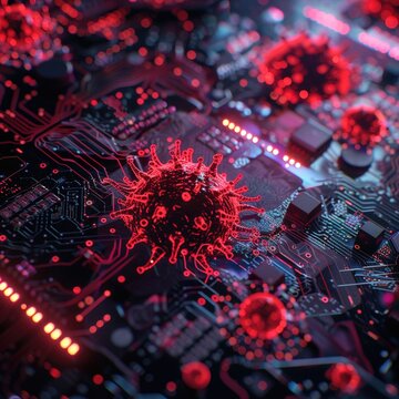 Macro lens on antivirus battle screen, malware repelled, urgent hijack alerts, cool neon backlight