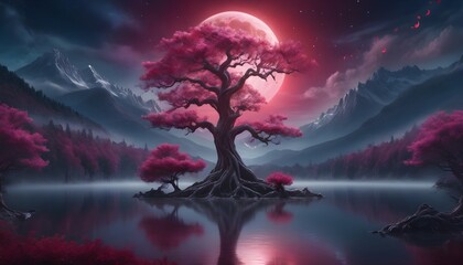 A surreal depiction of a moonlit grove, with a majestic tree bathed in the crimson glow, its blossoms radiating ethereal beauty against the backdrop of misty peaks and a tranquil lake. - obrazy, fototapety, plakaty